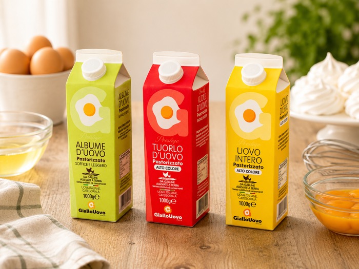 Le tre confezioni di ovoprodotto pastorizzato SpeedyEggs: albume, tuorlo e uovo intero